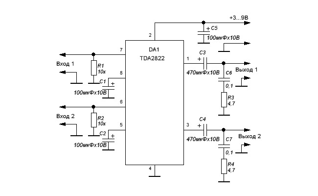 Схема усилителя звука на микросхеме TDA2822