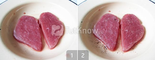 Свиное мясо посолено и поперчено
