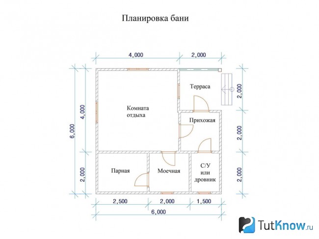 Проект каркасной бани 6 на 6 м