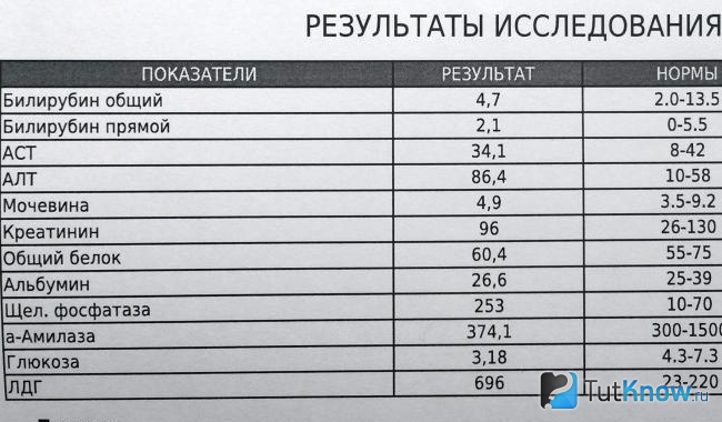 Форма с результатами анализов