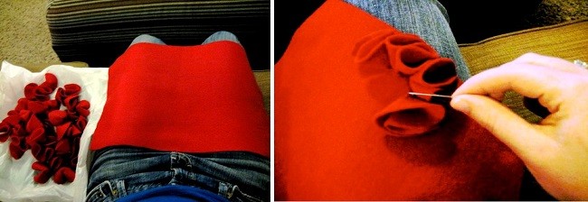 Пришивание заготовок к подушке в виде цветка