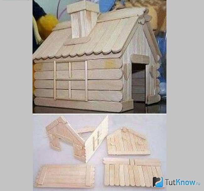 Отдельные элементы и собранный домик из палочек