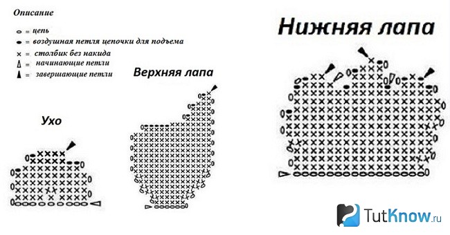 Вязание ушей и лап мишки
