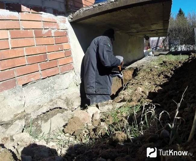Откапывание фундамента для утепления