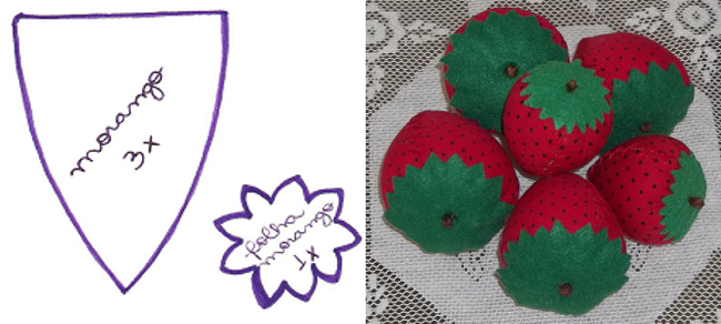 Шаблон и готовая клубника из ткани
