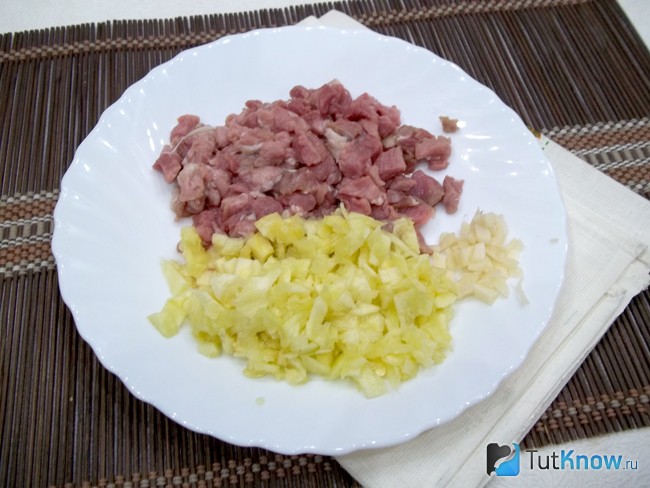 Мякоть кабачка, мясо и чеснок мелко нарезаны