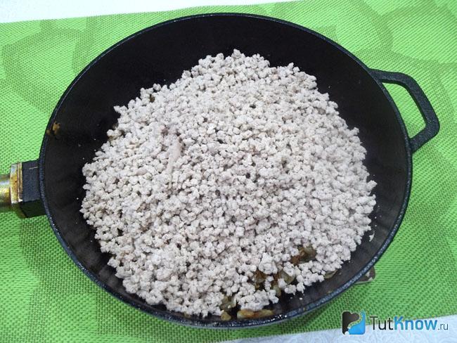 Мясной фарш выложен к луку
