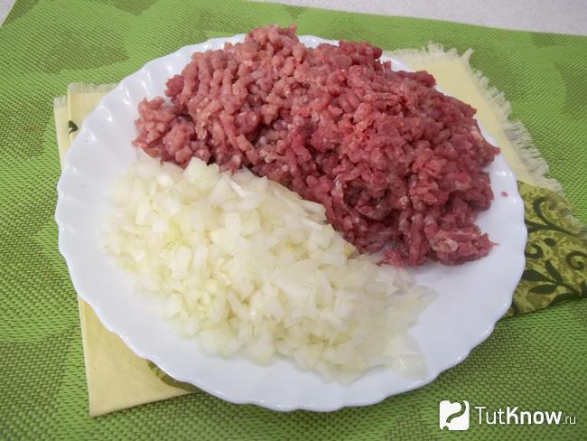 Мясо перекручено, лук нарезан