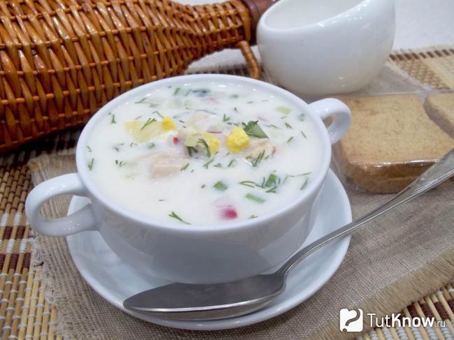 Готовая окрошка на воде с уксусом и майонезом