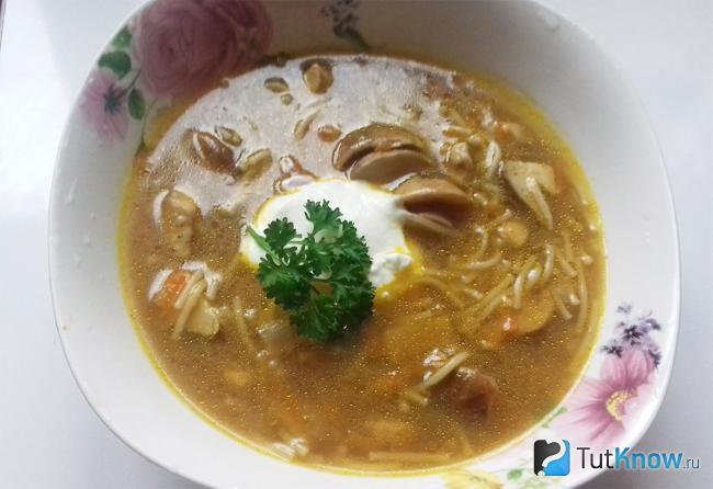 Готовый суп из белых грибов на курином бульоне