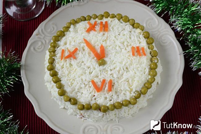 Готовый салат с зелёным горошком и сардиной Часы