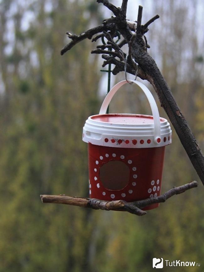 Кормушка из пластикового ведёрка висит на дереве