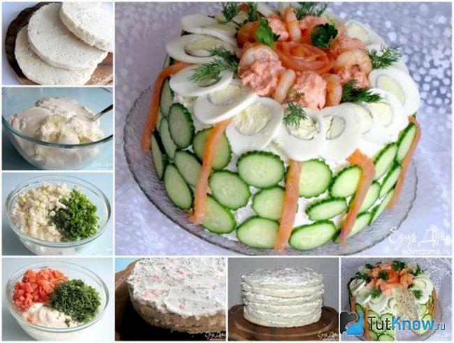 Хлебный торт, украшенный огурцами и куриными яйцами