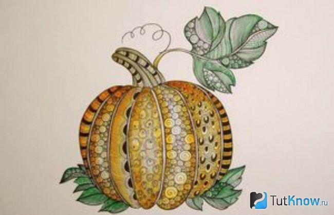 Готовый рисунок тыквы по техникам зентангл и дудлинг