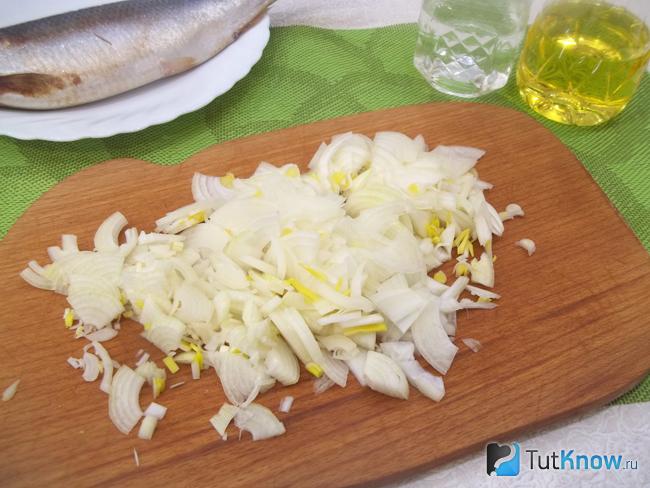 Репчатый лук очищен, вымыт и нашинкован полукольцами