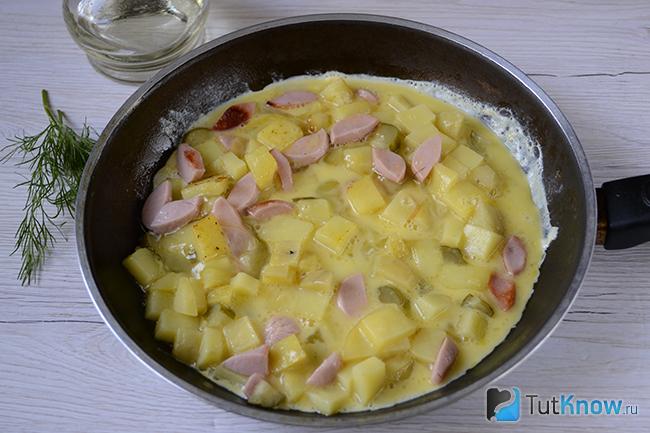 Картошка и сосиски залиты взбитыми яйцами