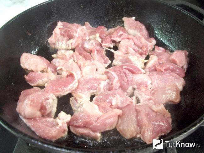 Мясо вымыто, нарезано кусочками и обжарено в сковороде