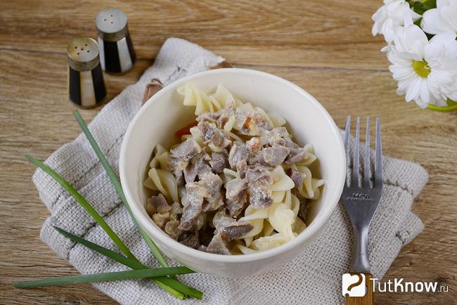 Тарелка с куриными желудочками, тушёными в сметане