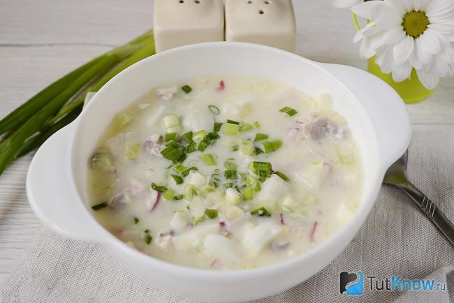 Окрошка с курицей на минералке крупным планом