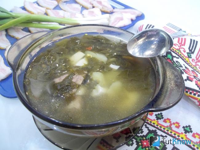 Готовый зеленый борщ с яйцами и щавелем