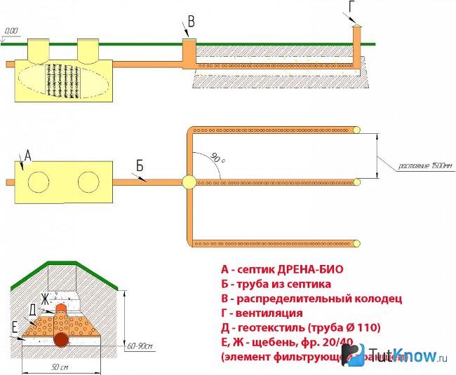 Схема поля фильтрации для септика