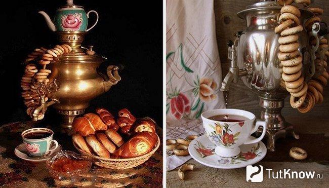 Самовар и связки баранок для празднования ситцевой свадьбы