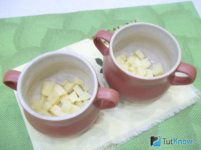 В горшочки разложен нарезаны кубиками картофель