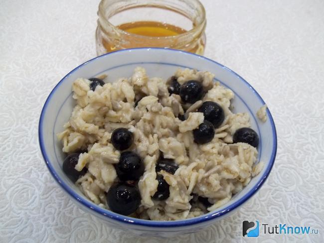 Готовая овсянка с медом, черной смородиной и семечками