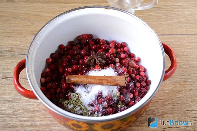 Кастрюля с брусникой, корицей, лимонным соком, бадьяном и ароматными травами