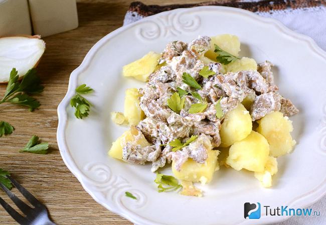 Жареные лисички в сметане крупным планом