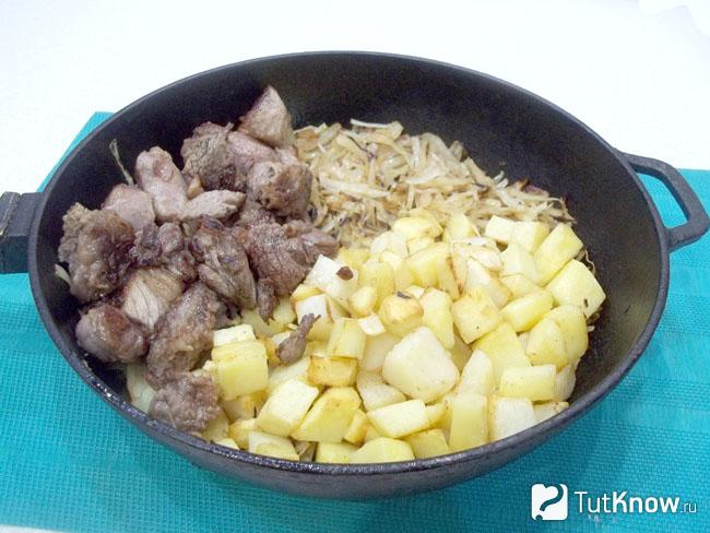 В сковороде соединено мясо, капуста и картофель