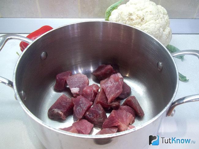 Мясо сложено в кастрюлю