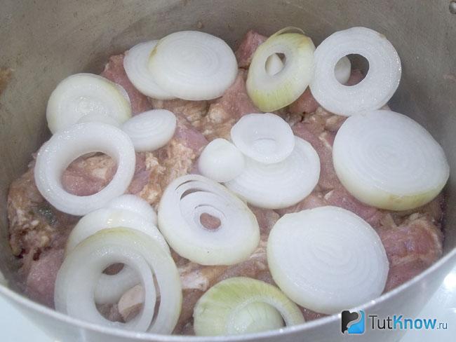 К мясу добавлен маринованный лук