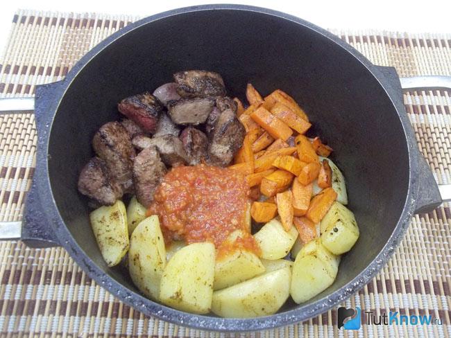 В кастрюлю сложена печень, морковь и картофель