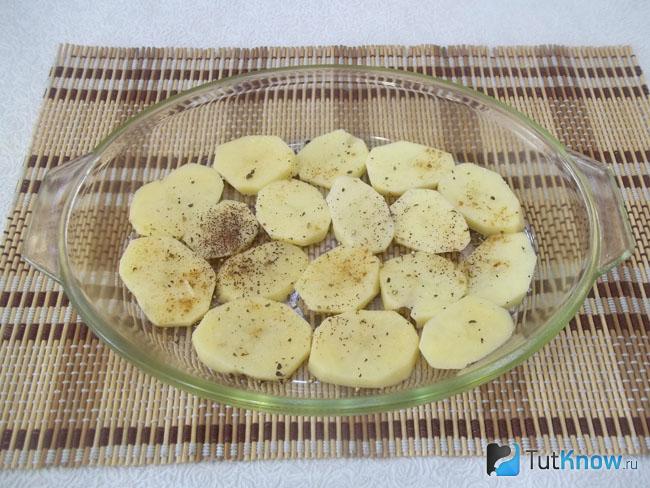 Картофель очищен, нарезан кольцами и выложен в форму для выпечки