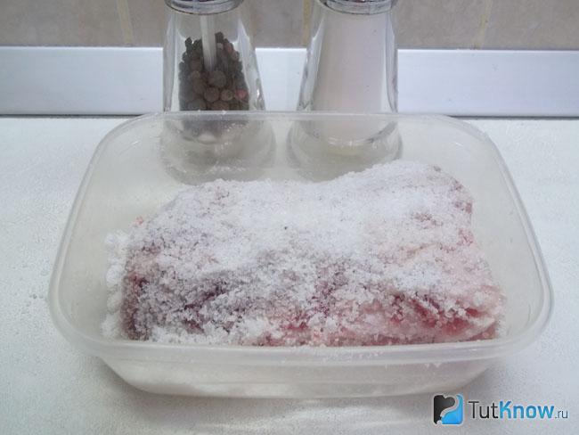 В емкость с солью опущено мясо