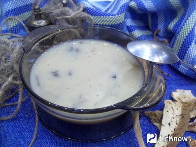 Готовый суп пюре с картошкой, грибами и сметаной
