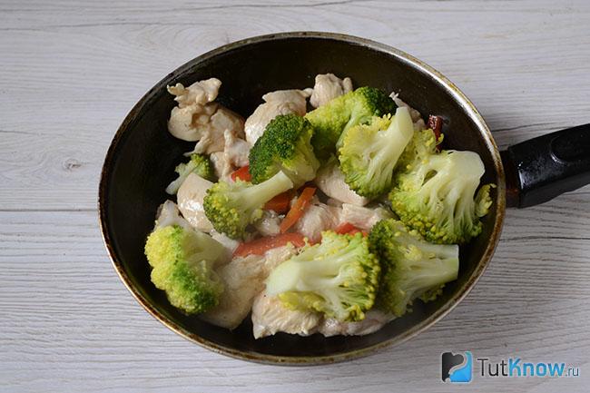 Брокколи, сладкий перец и куриное мясо на сковороде