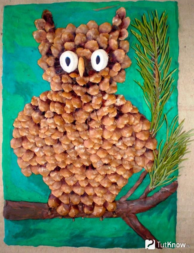 Сова из чешуек шишки
