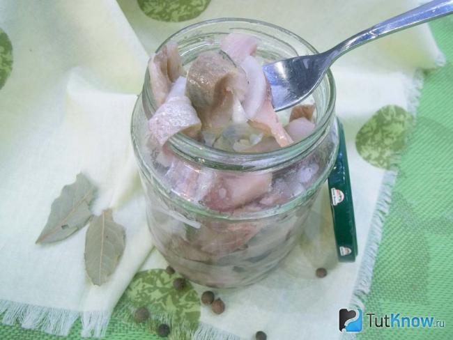 Готовая маринованная селедка с луком в банке
