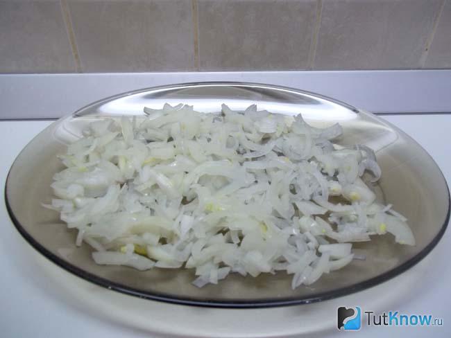 На блюдо выложен репчатый лук