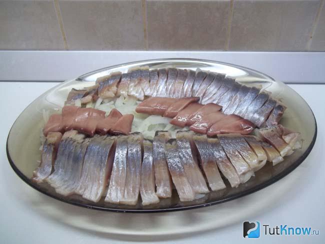 На репчатый лук выложена селедка