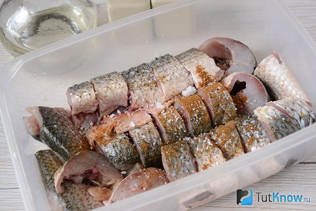 Пеленгас, порезанный на кусочки