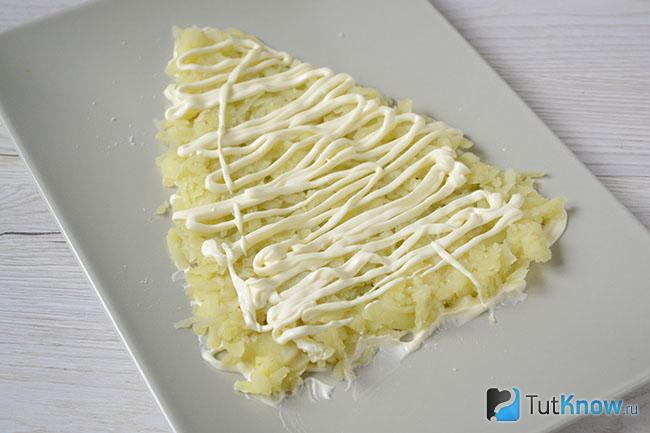 Слой майонеза на измельченном картофеле