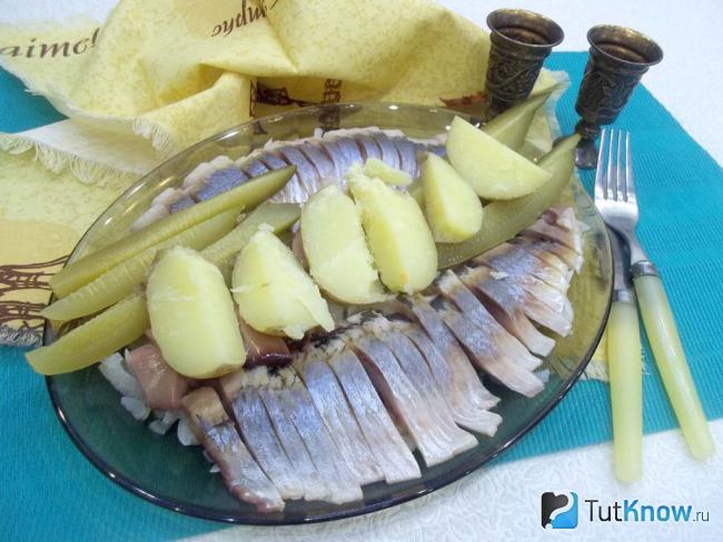 Готовая селедка с луком, картофелем и солеными огурцами