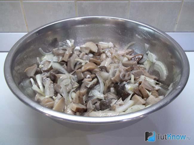 Готовый салат из маринованных грибов с репчатым луком в масле