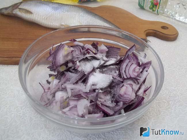 Репчатый лук сложен в глубокую миску