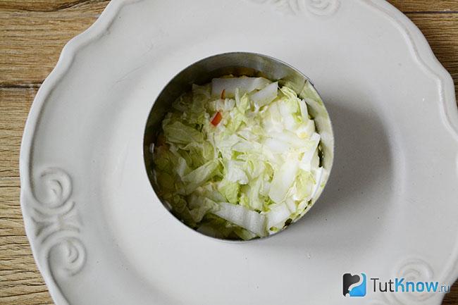 Слой пекинской капусты для салата в кулинарном кольце