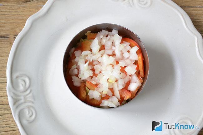 Слой лука для салата в кулинарном кольце