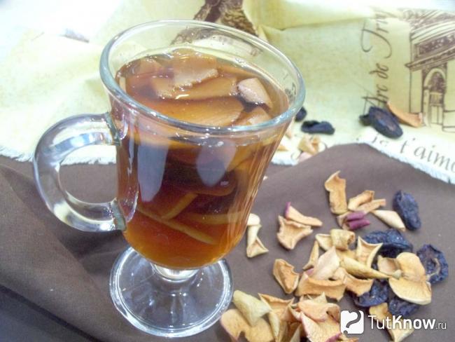 Готовый компот из сушеных яблок, слив и специй